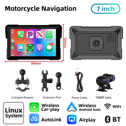 7" Inch Motorcycles DVR Navigation GPS Wireless Carplay Android Auto Portable Smart Display Waterproof IPX7 HD Recording Camera