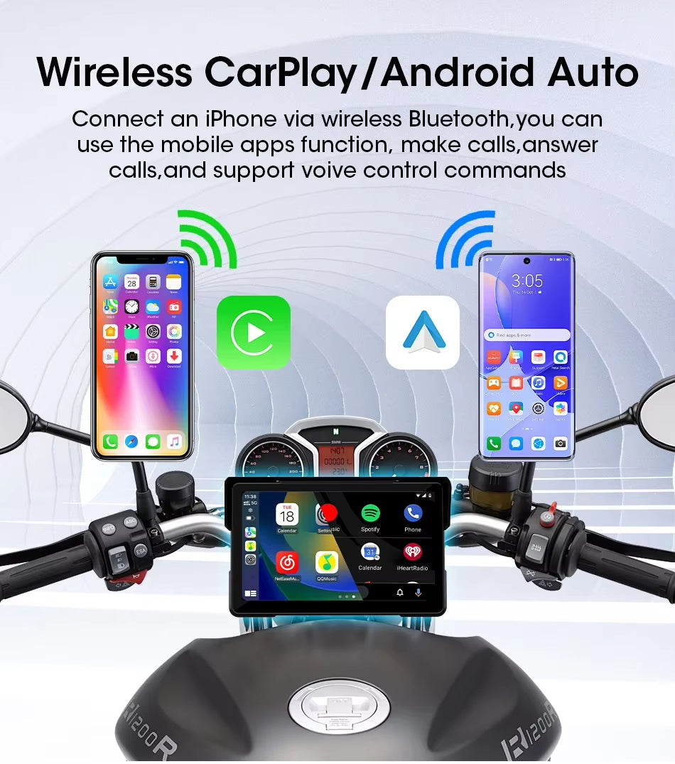 7" Inch Motorcycles DVR Navigation GPS Wireless Carplay Android Auto Portable Smart Display Waterproof IPX7 HD Recording Camera