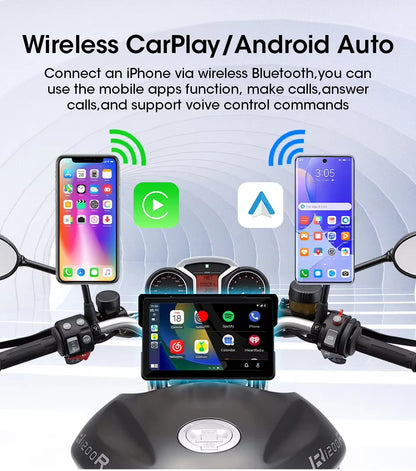 7" Inch Motorcycles DVR Navigation GPS Wireless Carplay Android Auto Portable Smart Display Waterproof IPX7 HD Recording Camera