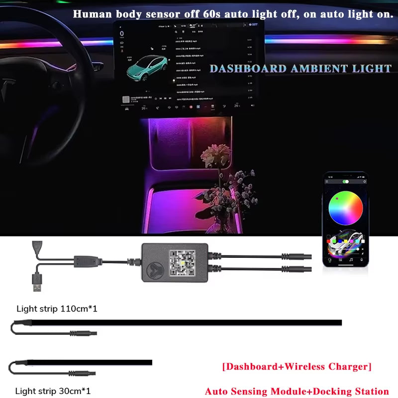 For Tesla Model Y 3 64Color RGB Ambient Light Kit Dashboard Car Center Console Center Stack APP Control LED Strips Neon Lighting
