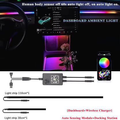 For Tesla Model Y 3 64Color RGB Ambient Light Kit Dashboard Car Center Console Center Stack APP Control LED Strips Neon Lighting