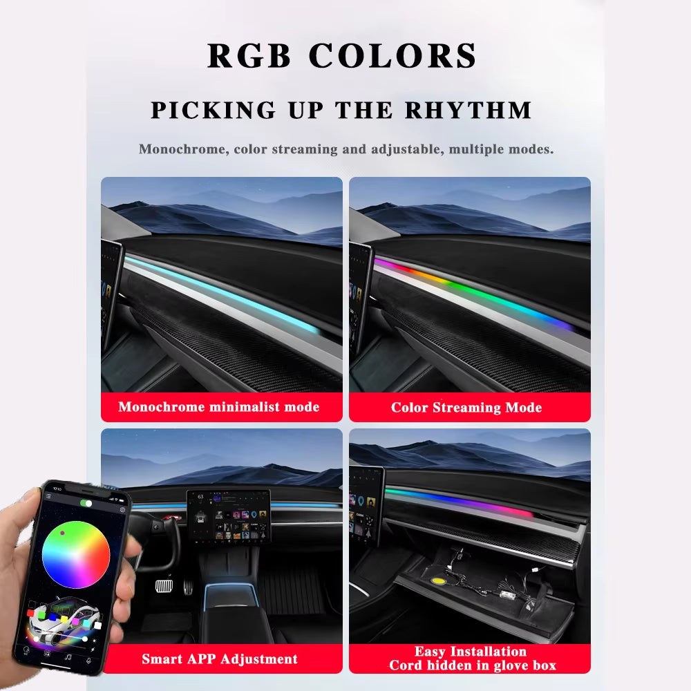 For Tesla Model Y 3 64Color RGB Ambient Light Kit Dashboard Car Center Console Center Stack APP Control LED Strips Neon Lighting