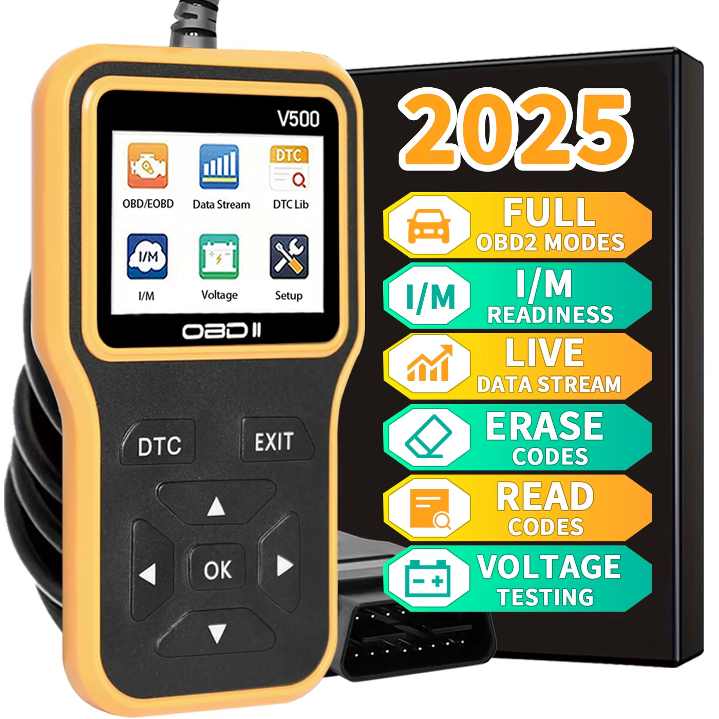 2025 Latest Obd2 Scanner Diagnostic Tool - Complete Engine Code Reader with Data Stream, I/M Readiness, Voltage Test, and Erase Function, Obd Powered, Compatible with All Vehicles since 1996