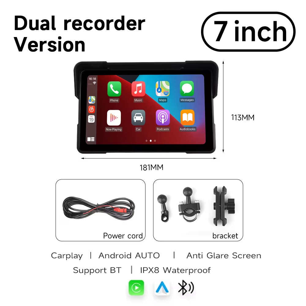 7'' Motorcycle DVR GPS Navigator Dash Cam Wireless Carplay Android Auto IPX8 Waterproof Moto Front Rear Camera Bluetooth Inch