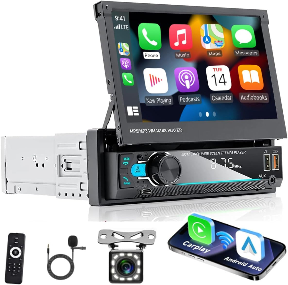 Hikity Am FM Radio Coche 1 DIN Wireless Carplay Android Auto Con Retráctil Pantalla Táctil 7 Pulgadas 1Din Bluetooth Mirror Link USB + Cámara De Marcha Atrás Y Control Remoto