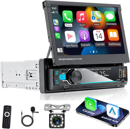 Hikity Am FM Radio Coche 1 DIN Wireless Carplay Android Auto Con Retráctil Pantalla Táctil 7 Pulgadas 1Din Bluetooth Mirror Link USB + Cámara De Marcha Atrás Y Control Remoto