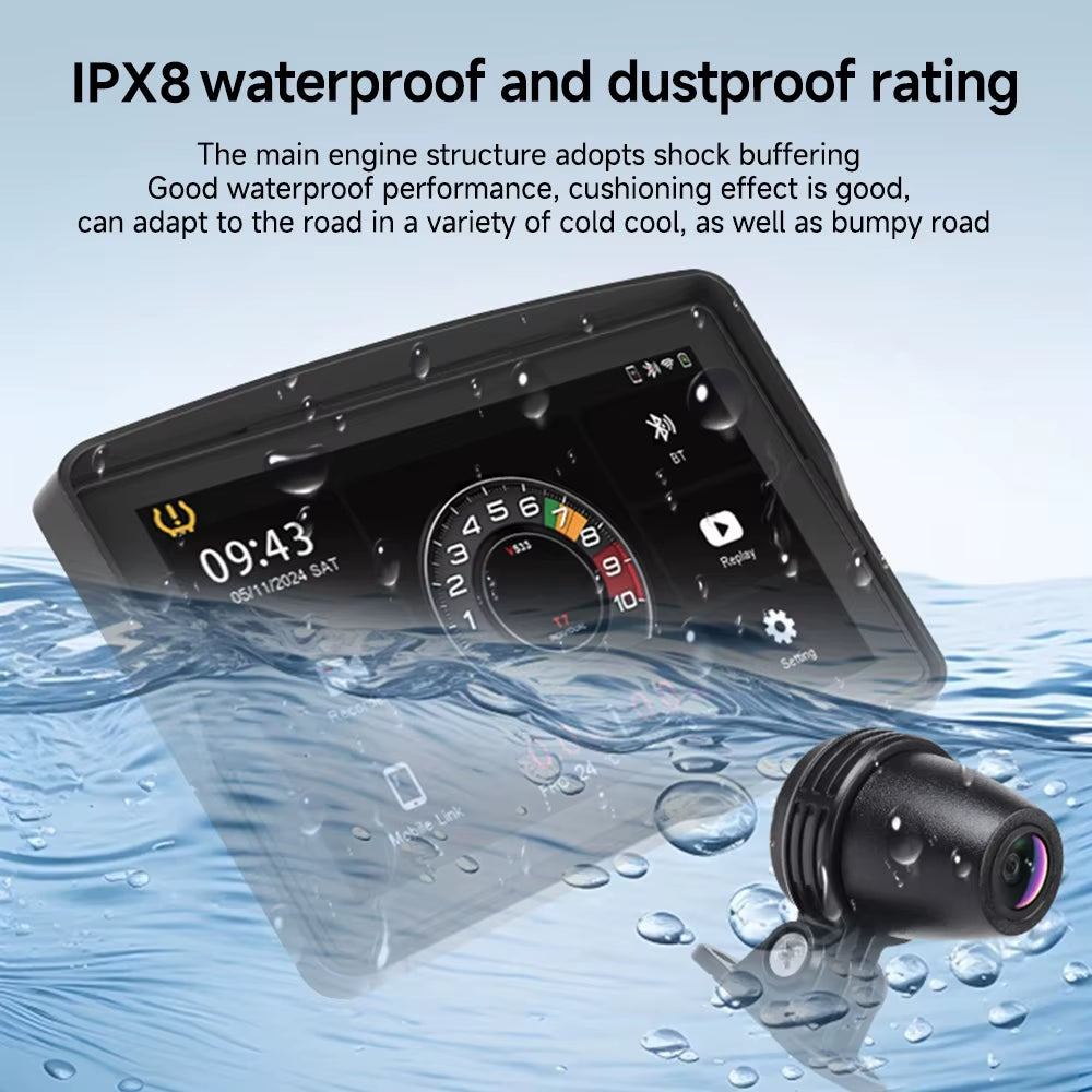 7'' Motorcycle DVR GPS Navigator Dash Cam Wireless Carplay Android Auto IPX8 Waterproof Moto Front Rear Camera Bluetooth Inch
